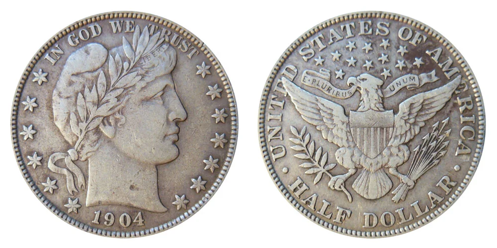 1904 Barber Half Dollar obverse and reverse showing Liberty bust and heraldic eagle design