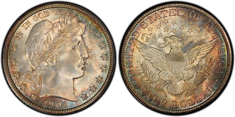 1904-S Barber Half Dollar reverse close-up showing S mint mark below eagle tail feathers