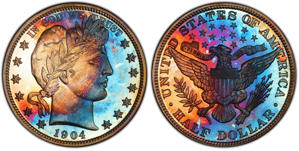 1904 Proof Barber Half Dollar obverse with mirror-like fields and frosted Liberty portrait cameo contrast