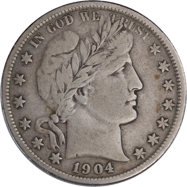 1904 Barber Half Dollar off-center strike error showing design shifted from center with blank planchet crescent visible