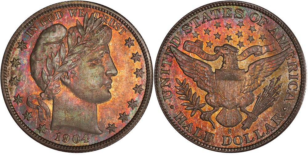 Historical San Francisco Mint building circa 1904 or group display of 1904 Barber half dollars from Philadelphia, New Orleans, and San Francisco mints