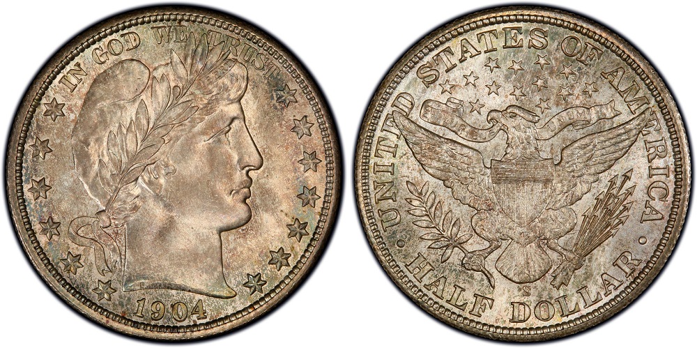 Grading strip showing four 1904 Barber Half Dollars ranging from heavily worn Good grade to Gem Uncirculated, demonstrating progressive surface detail